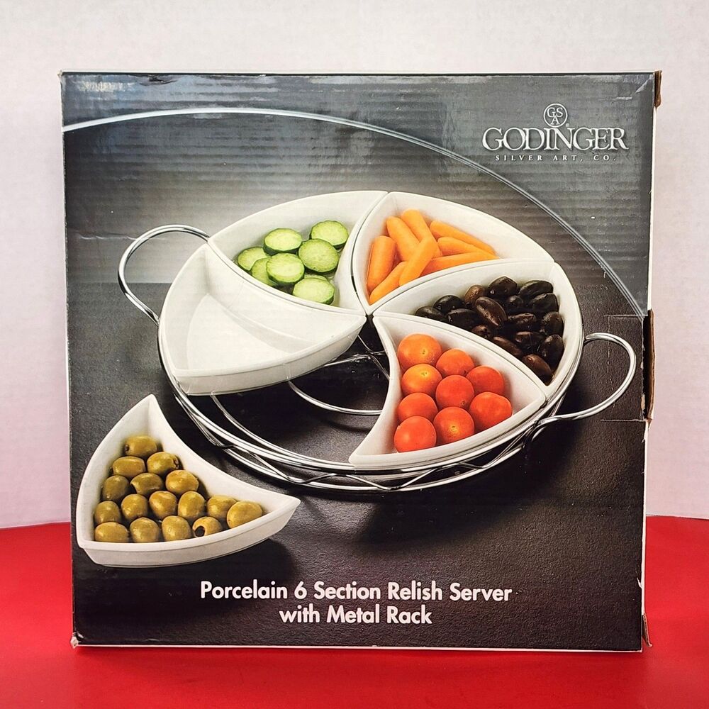 Godinger Porcelain 6 Section Relish Server w/ Metal Rack